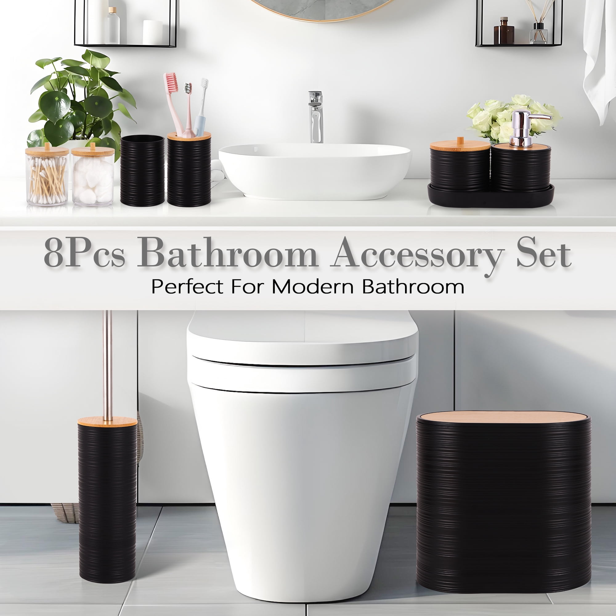 Bathroom Accessory Set,10 PCS Bathroom Set with Trash Can,Toothbrush Holder,Soap Dispenser,Toothbrush Cup,Vanity Tray,Soap Dish,Toilet Brush,Qtip Holders