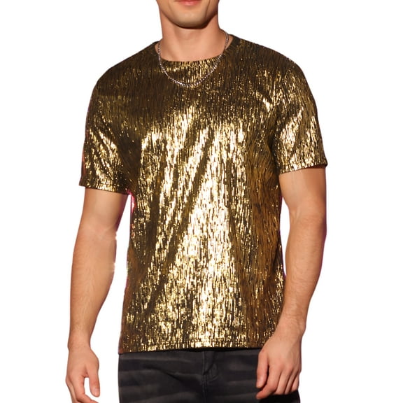 INSPIRE CHIC Shiny T-Shirt for Men's Round Neck Short Sleeves Club Prom Sparkle Tee Top M Golden