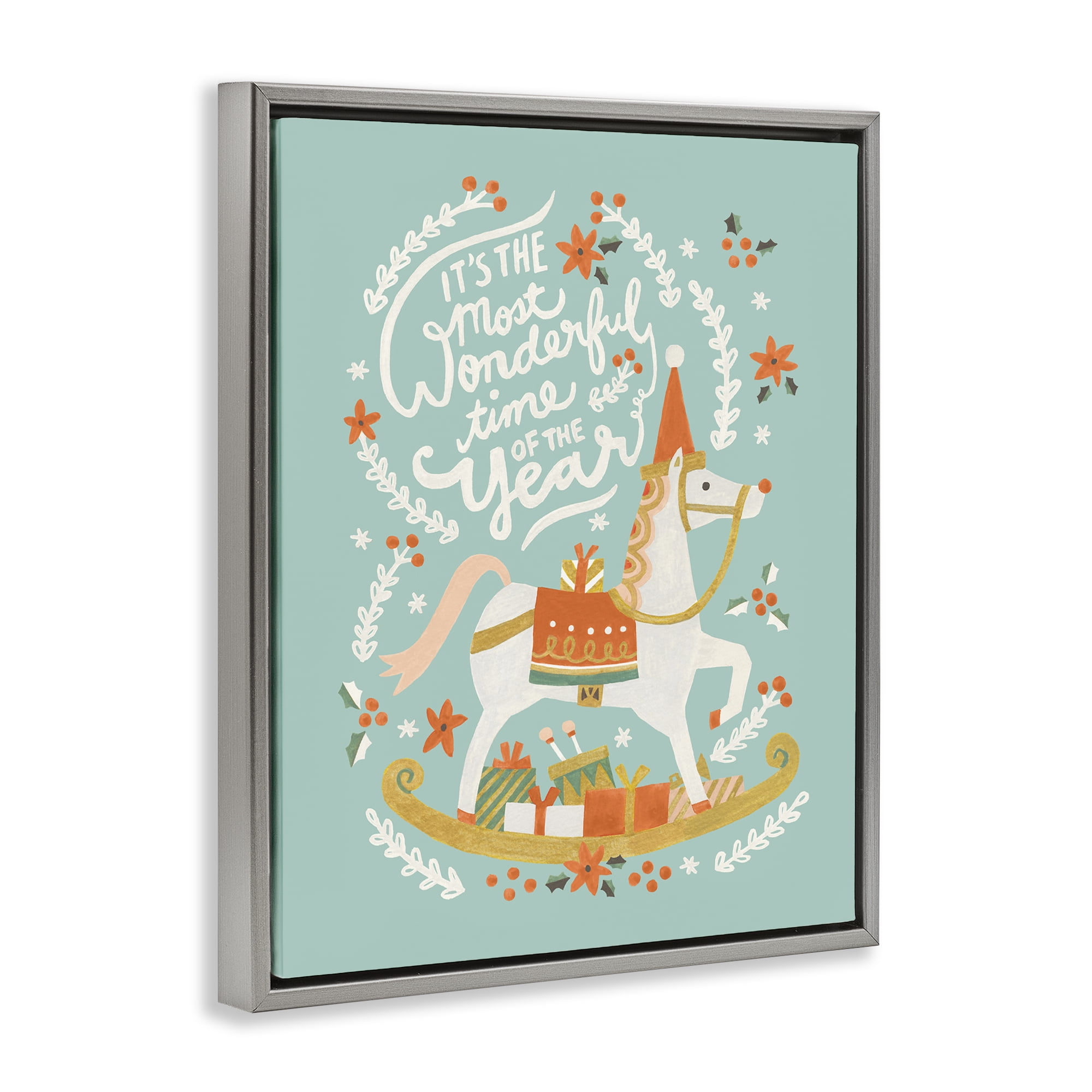 Stupell Industries Seasonal Horse & Sled Phrase Holiday Painting Gray Floater Framed Canvas Art Print Wall Art, 25 x 31