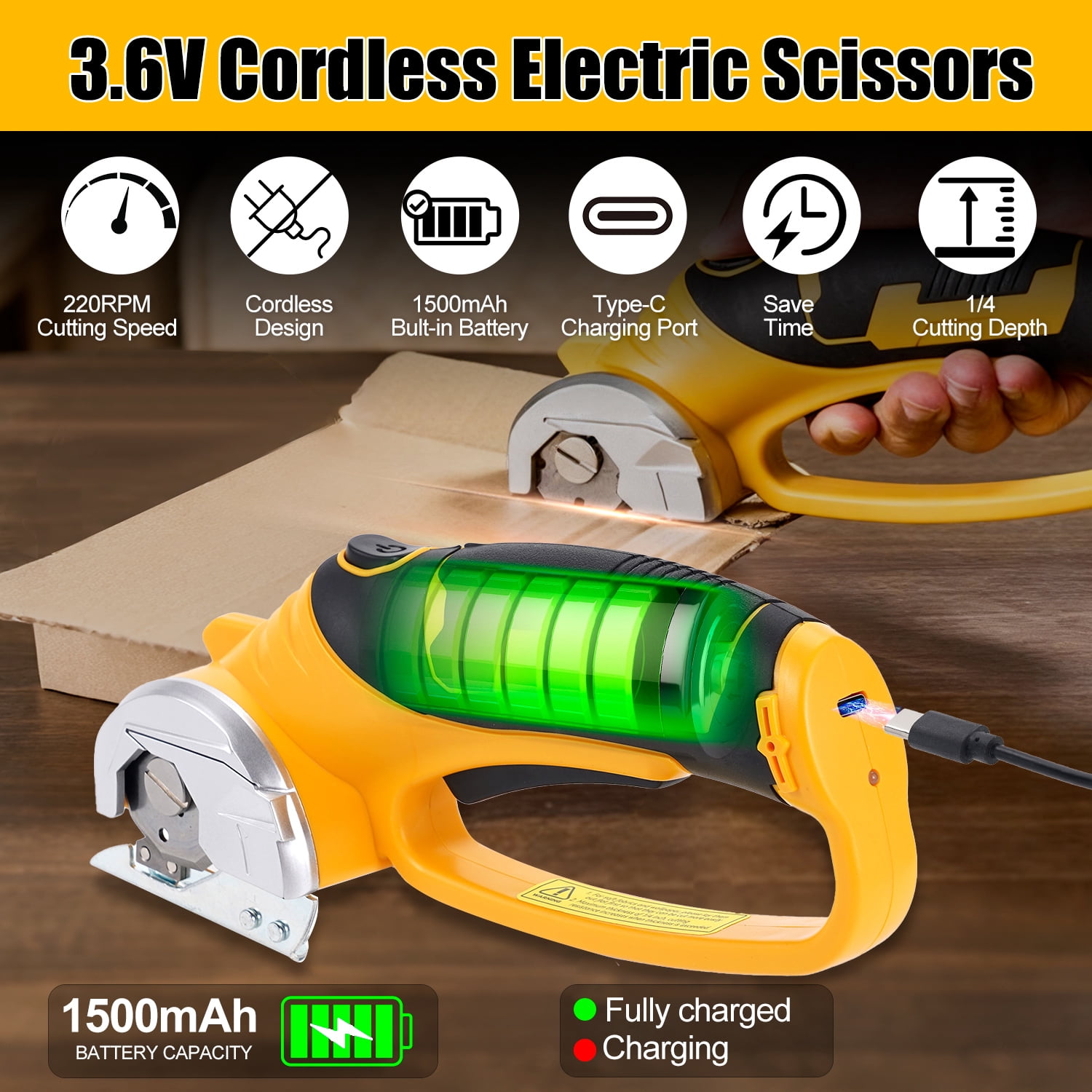HORMY Cordless Electric Scissors with Blade, 3.6V Super Scissors Rechargeable with Safety Lock, for Cardboard Cutting Fabric Paper Sewing, Yellow