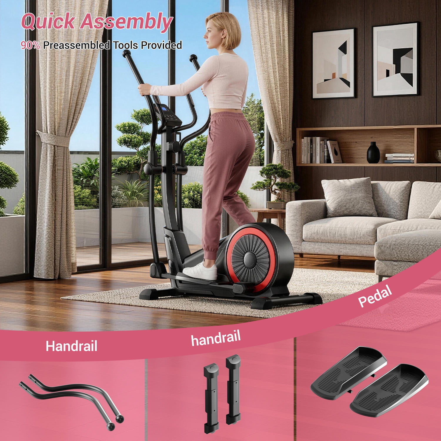 ROBORE Magnetic Elliptical Machine for Home, 16 Resistance Levels, 15.5" Stride, Heart Rate Grips, 350 lbs Capacity, Quiet Cardio Trainer