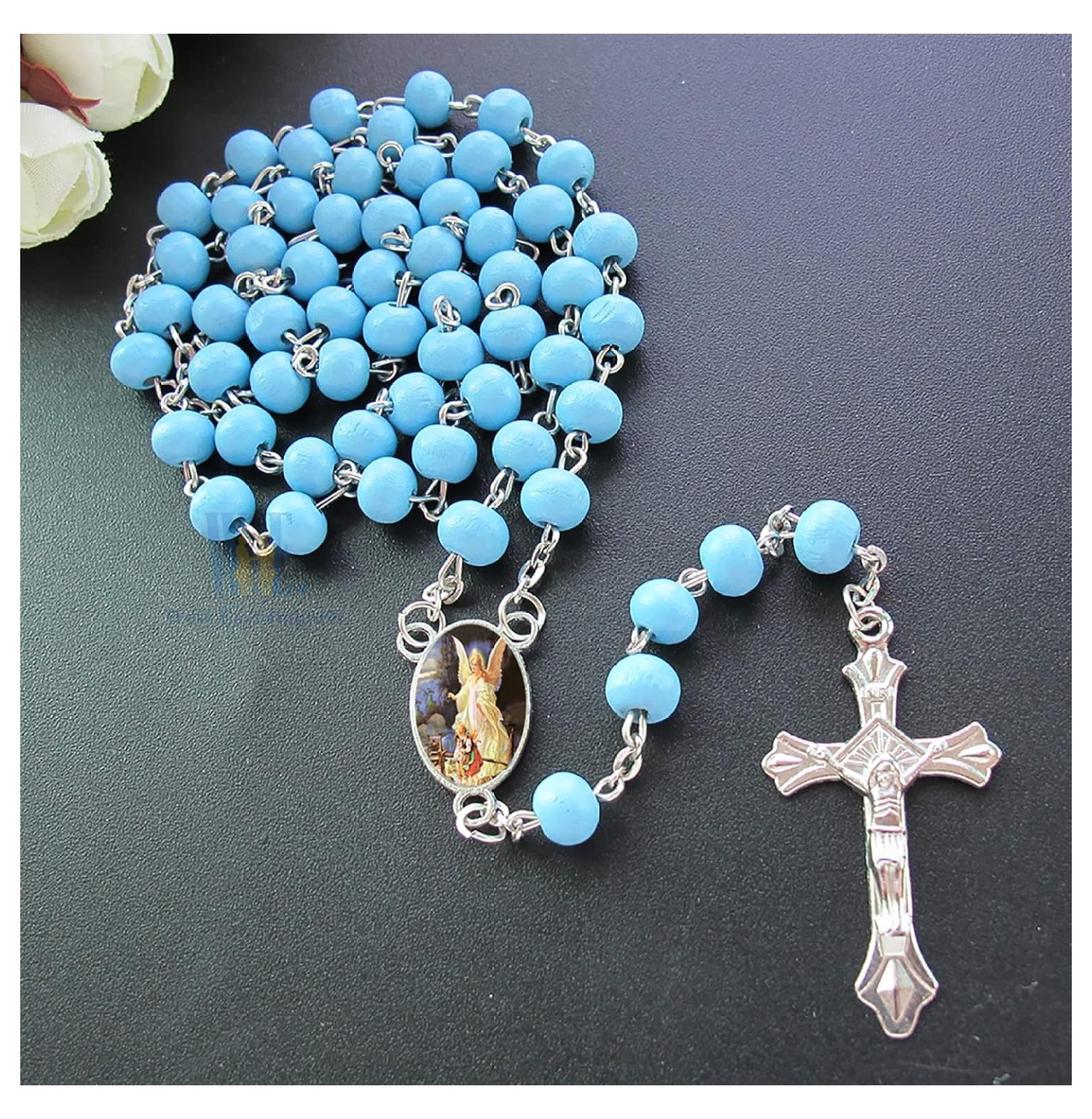Baptism First Communon Blue Scented Wood Rosary Favor - 12pcs Angel Rosaries with individual Gift Box and Decorated Pouches