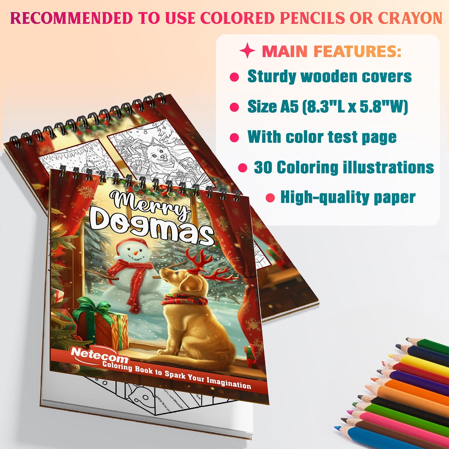 Netecom Merry Dogmas Coloring Book Spiral Bound for Adults, A5 Wooden Cover, 30 Christmas Theme Coloring Pages of Cute Dogs for Stress Relief and Relaxation