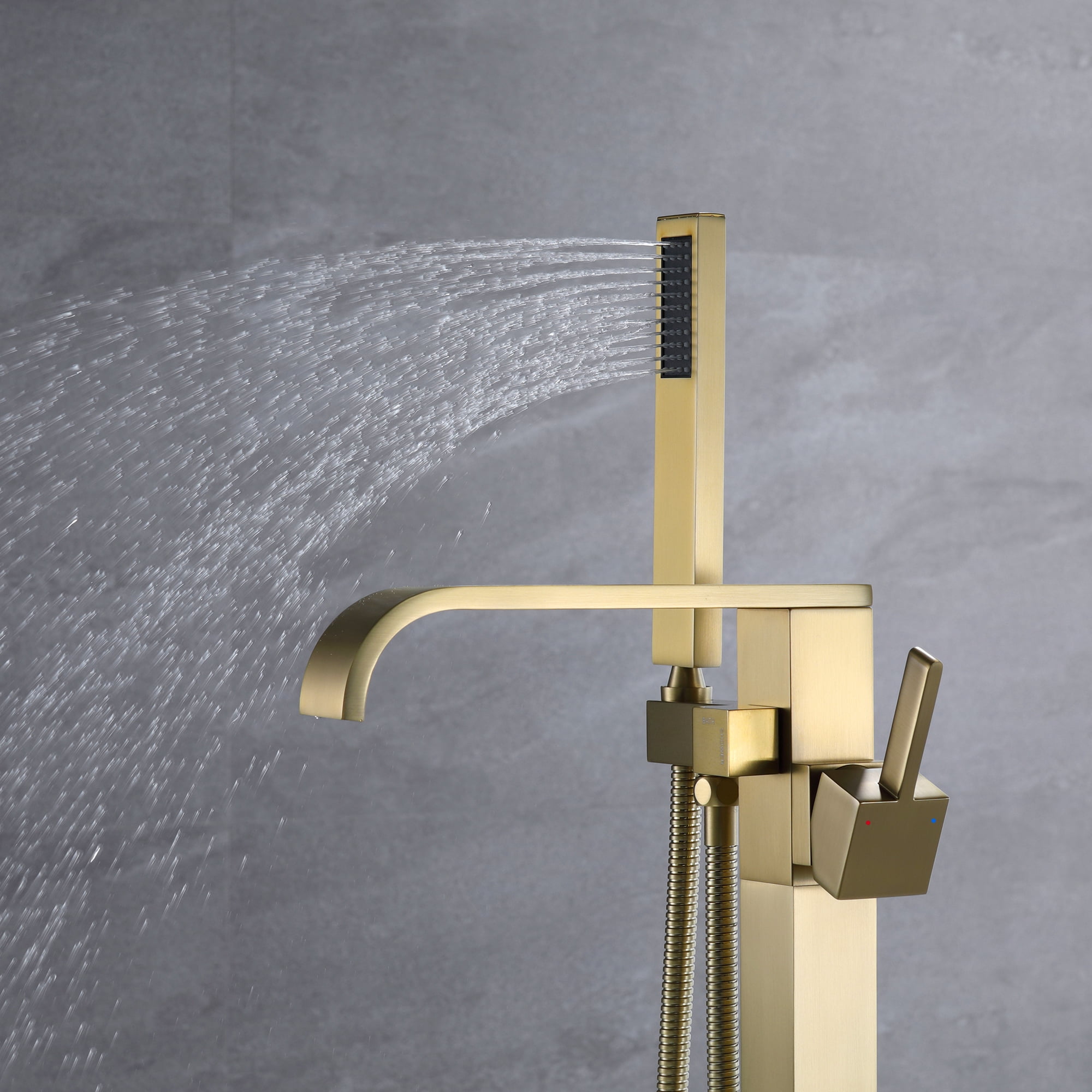 Wand Floor Mounted Bathroom Tub Filler with Hand Shower, Brass Freestanding Bathtub Faucet