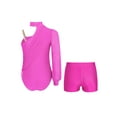 thumbnail image 2 of TSSOE Kids Girls Gymnastics Leotard One Shoulder Long Sleeve Ruched Mesh Ballet Dance Unitard Bodysuit with Shorts Set Hot Pink 6, 2 of 5