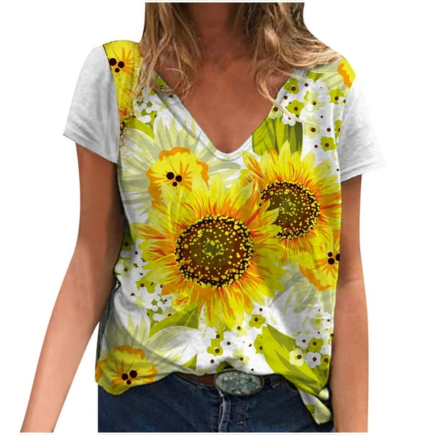 Camisetas Negras Blusas Blancas Con Girasoles Moda Mujer Estampado
