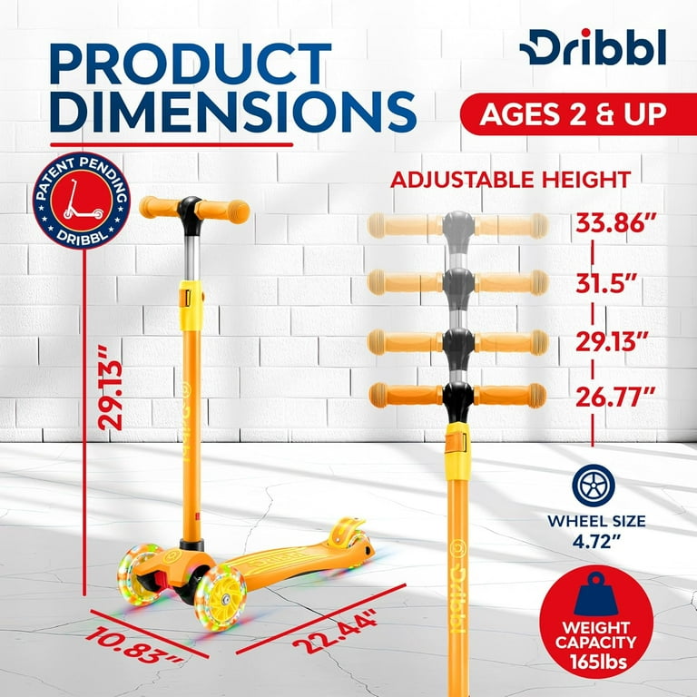 Dribbl 3-Wheel Kids Scooter Orange - Adjustable Handlebar, Anti