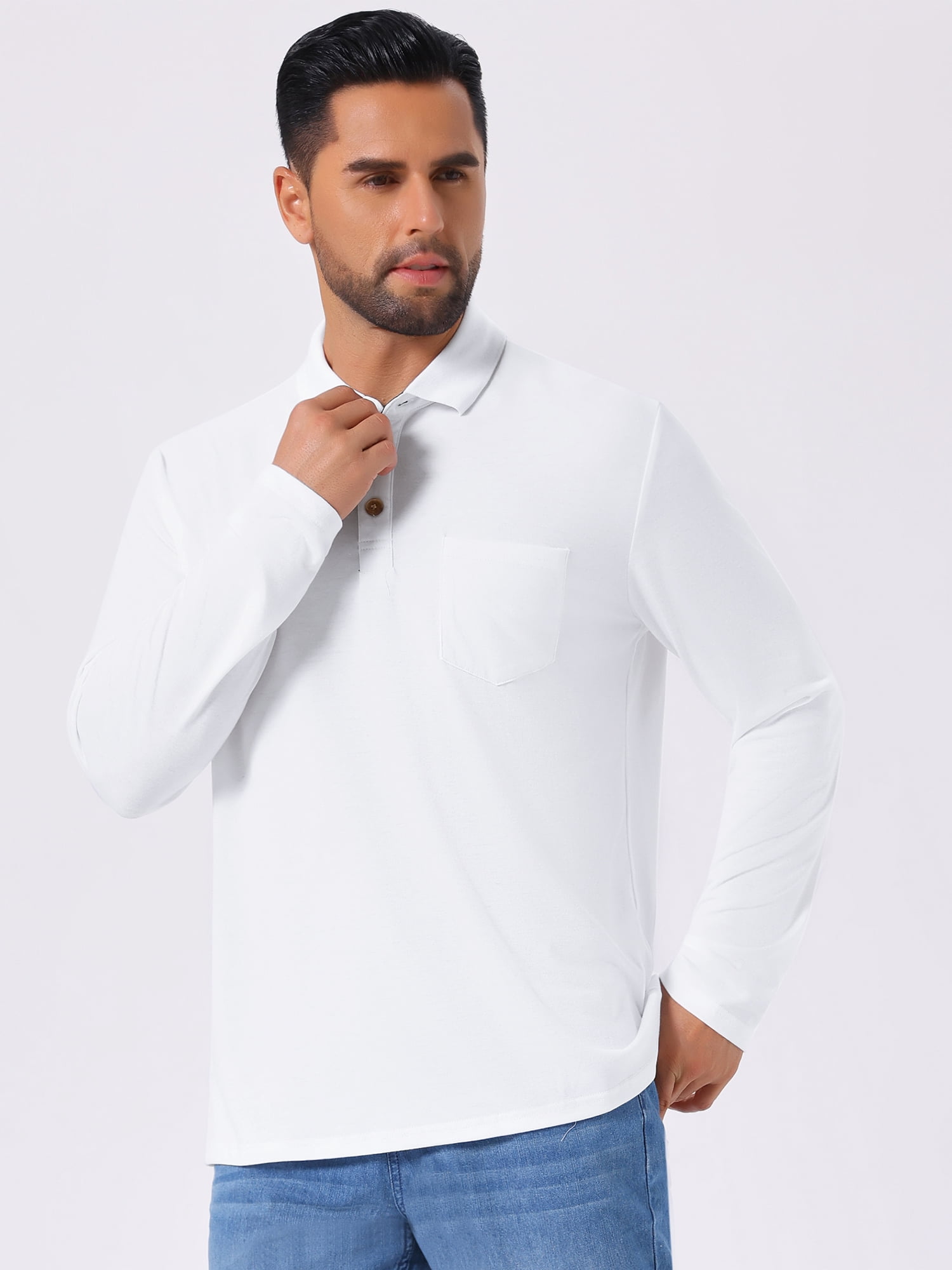DARING DIVA Men's Contrast Button Collared Long Sleeves Golf Polo T-Shirts 2XL White