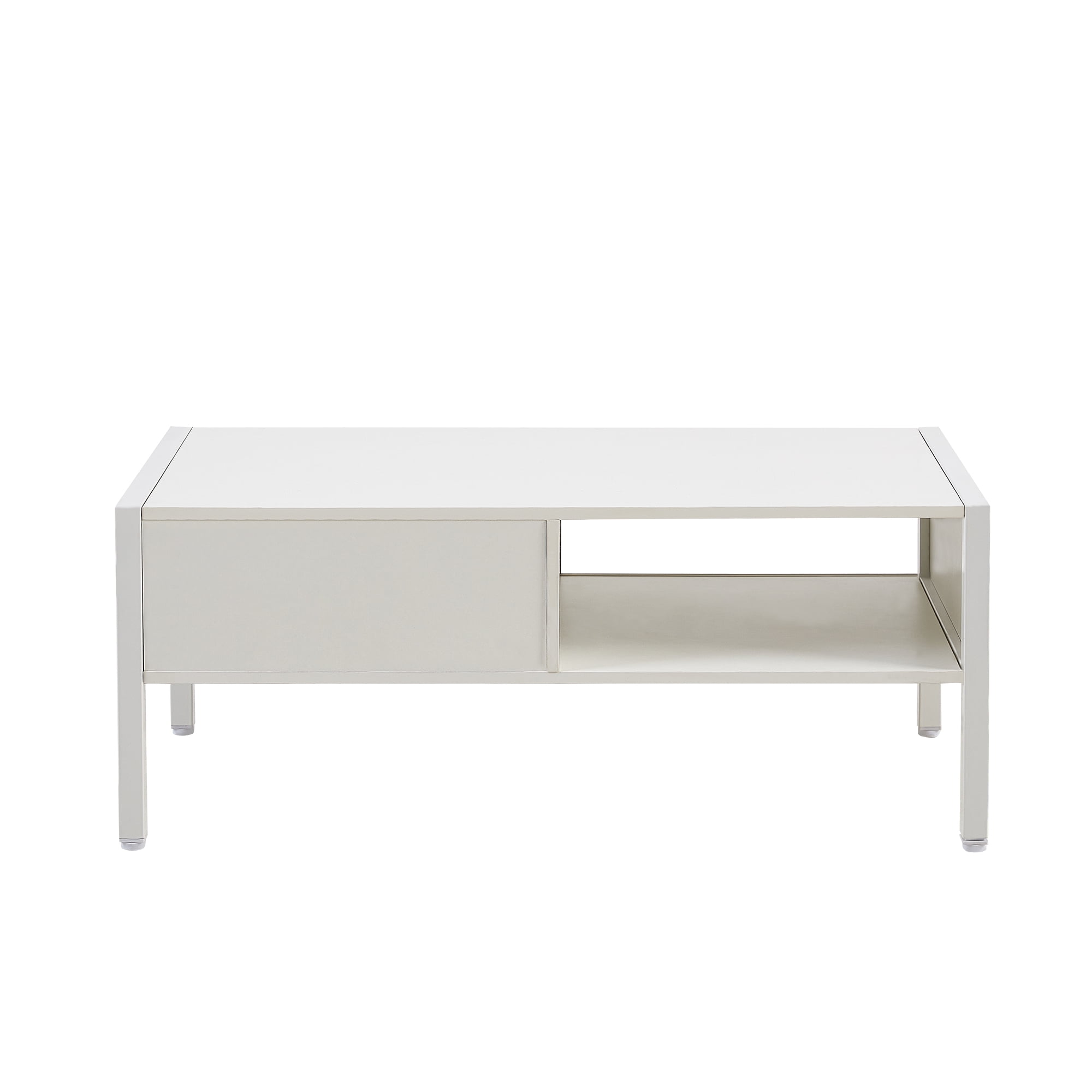 Rattan Coffee Table, Storage Coffee Table, Modern Living Room Table with Sliding Rattan Door, MDF Body and Metal Legs, 220LBS Capacity, 40.16" L x 21.26" W, White