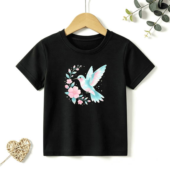 Girls Graphic Tees Hummingbird Flower Kids T Shirt Watercolor 100% Cotton Short Sleeve Soft Tops 4-13Y