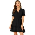 thumbnail image 1 of Mini vestido sólido de manga corta con cuello en V y cintura elástica para mujer Negro L, 1 of 5