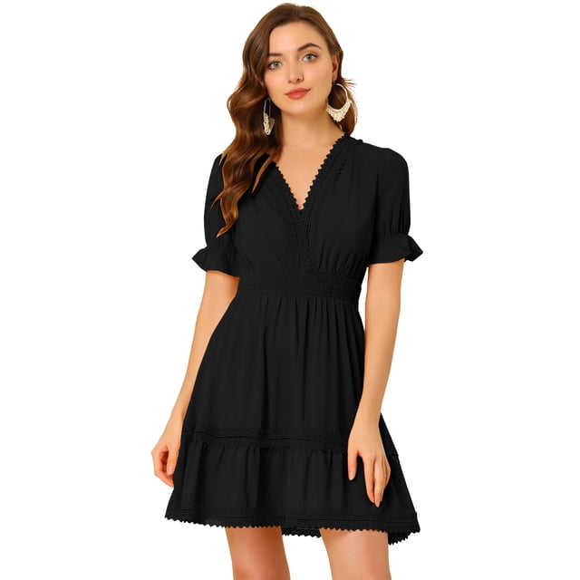 Mini vestido sólido de manga corta con cuello en V y cintura elástica para mujer Negro L