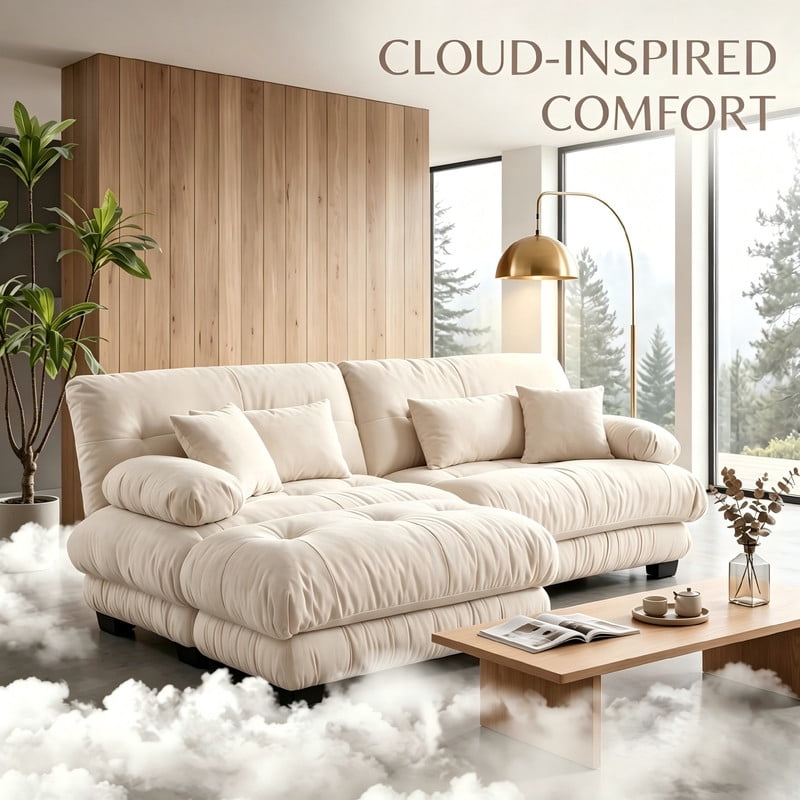 ANPPORT Cloud Couch Sleeper Sofa, Chenille Light Coffee 2-Seater Modular Sofa with 1 Ottomans, 2 Lumbar pillows,2 Pillows, Comfy Deep Seat Cloud Sofa, Convertible L-Shaped Floor Couch for Living Room