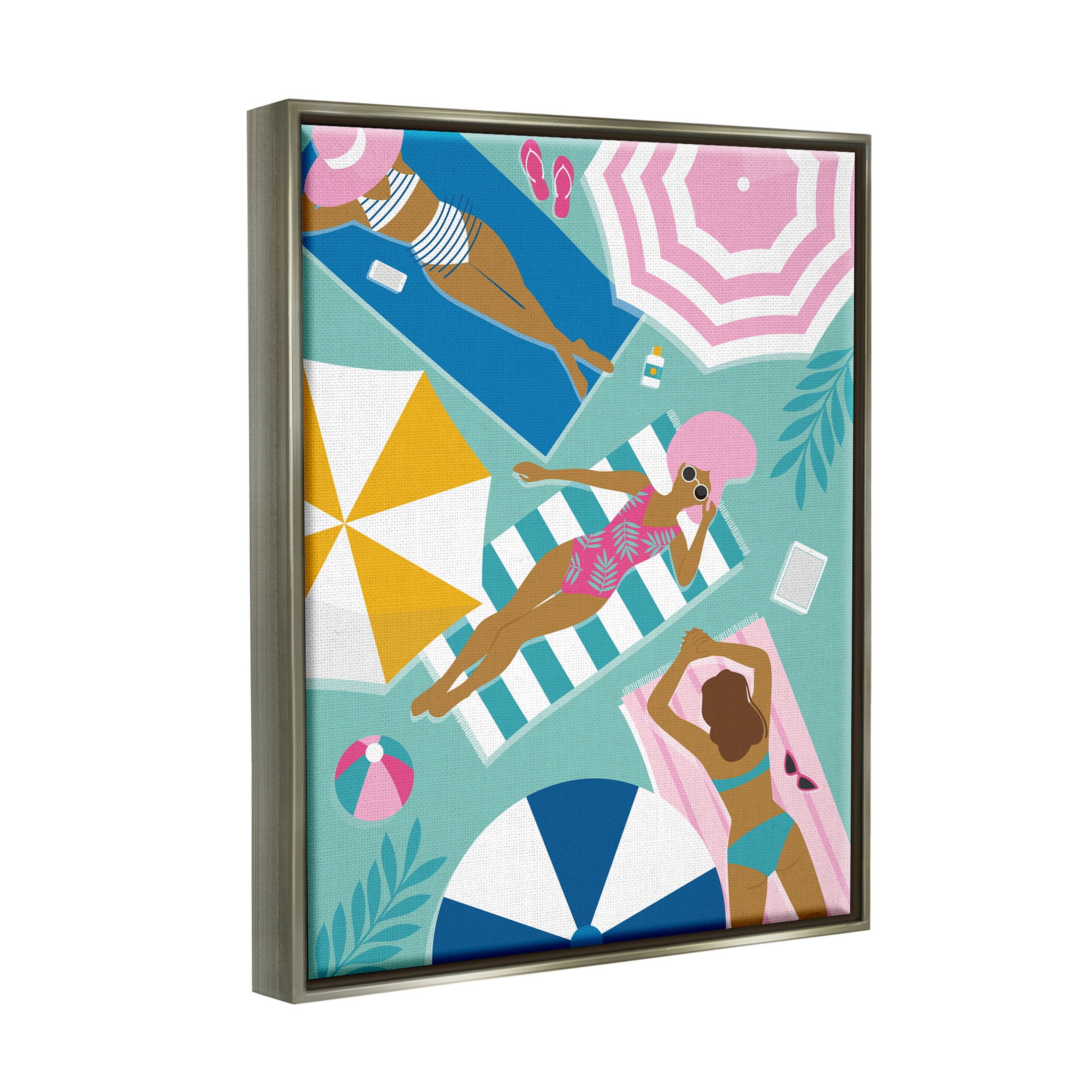 Modern Summer Sunbathing Girls Coastal Graphic Art Luster Gray Framed Art Print Wall Art