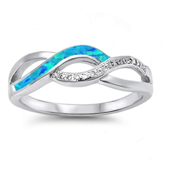 Simulated Blue Opal Clear CZ Infinity Ring Sterling Silver Size 4