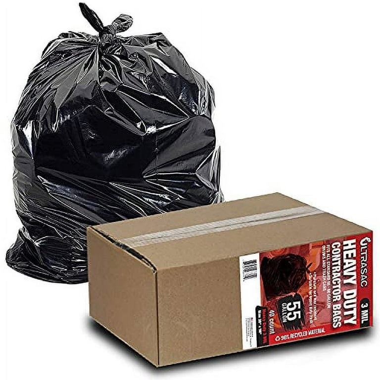 Ultrasac Contractor Trash Bags - (50 Pack/w Ties) - Heavy Duty 3 MIL Thick,  39 x 32, Shorter 33 Gallon Black Version - for Industrial, Commercial