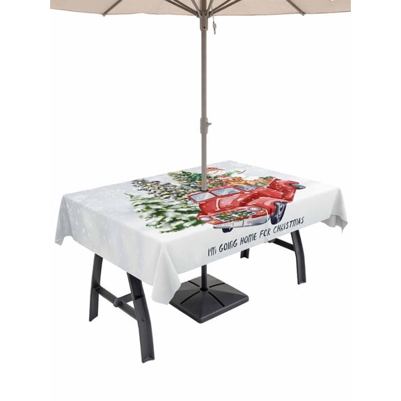 Outdoor Tablecloth with Umbrella Hole and Zipper, Christmas Snowflake Rectangle Table Cloth 60x102 Inch Waterproof Tablecloth, Winter Truck Snowman Xmas Tree Gifts Picnic Table Cover for Patio
