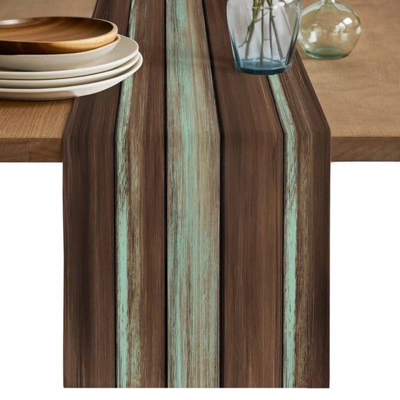 Brown Teal Wooden Cotton Linen Table Runner for Dining Kitchen, Vintage Farmhouse Retro Art Wedding Outdoor Party Tablerunners Decoration, Dresser Scarf Coffee Tablecloth Runners 13x60 Inches