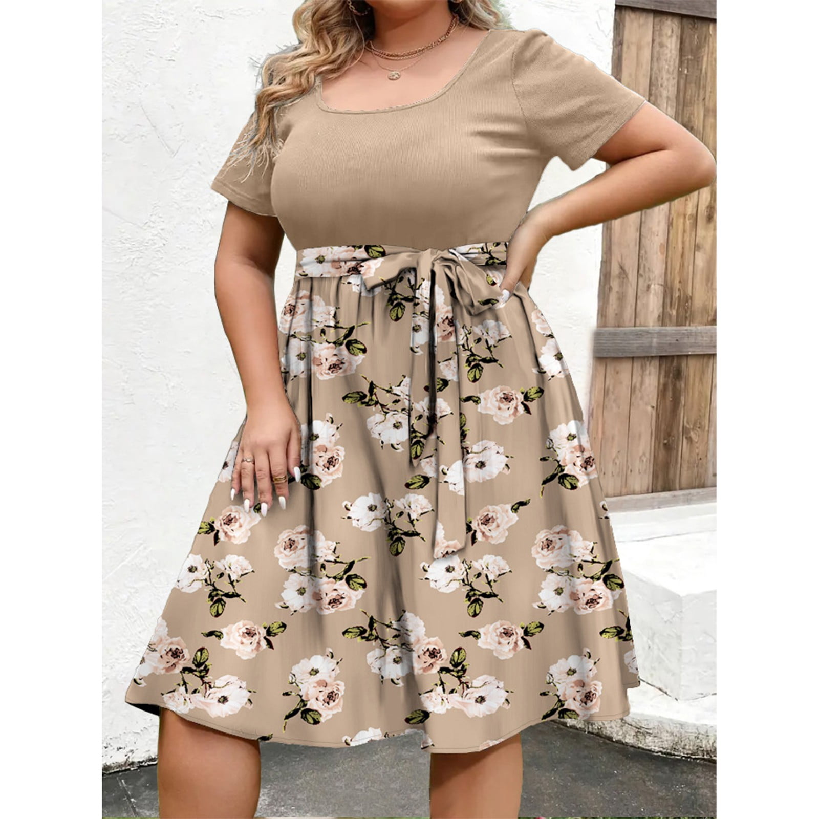 Abcomgle Plus Size Floral Dress for Women Casual Empire Waist Belted  Cocktail Dresses Pleated Vintage Floral Print A Line Dresses Short Sleeve  Square Neck Modest Church Dresses for Women 2025