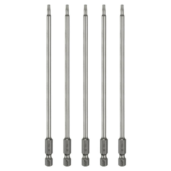 Uxcell 5pcs T10 Torx Head Screwdriver Bit 1/4" Hex Shank 6" (150mm) Long Magnetic No Hole Tip 6 Point Star Screw Driver