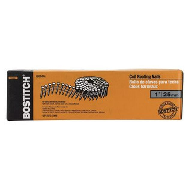 BOSTITCH CR2DGAL 1-Inch 15 Degree Smooth Shank Coil Roofing Nails (7,200 per Box)