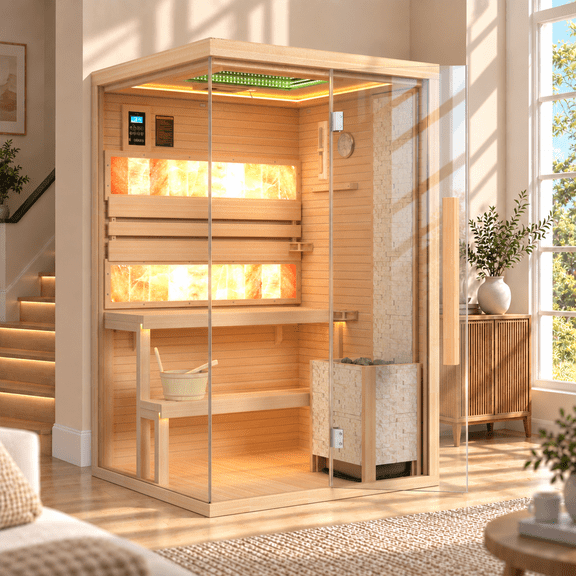 BUPPLEE Traditional Home Sauna, Indoor Sauna with Red Light Function, Chromotherapy Lighting, Bluetooth Speaker & Canadian Hemlock