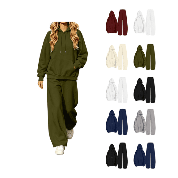 Zynoxe womens sweatsuits 2 piece set relaxed long sleeve drawstring hooded sweatshirt & curved wide leg sweatpants suit soft fleece lounge sets for women loose solid color track suits with pocket S