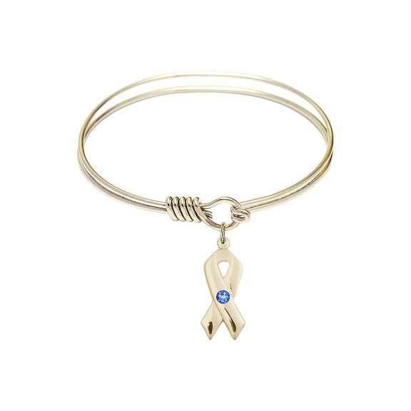 6 1/4 inch Round Eye Hook Bangle Bracelet w/ Cancer Awareness medal charm w/ September Blue Swarovski Crystal