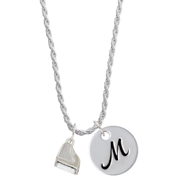 Delight Jewelry Silvertone 3-D Grand Piano Silvertone Script Initial Disc - M - Charm Necklace, 20"+3"