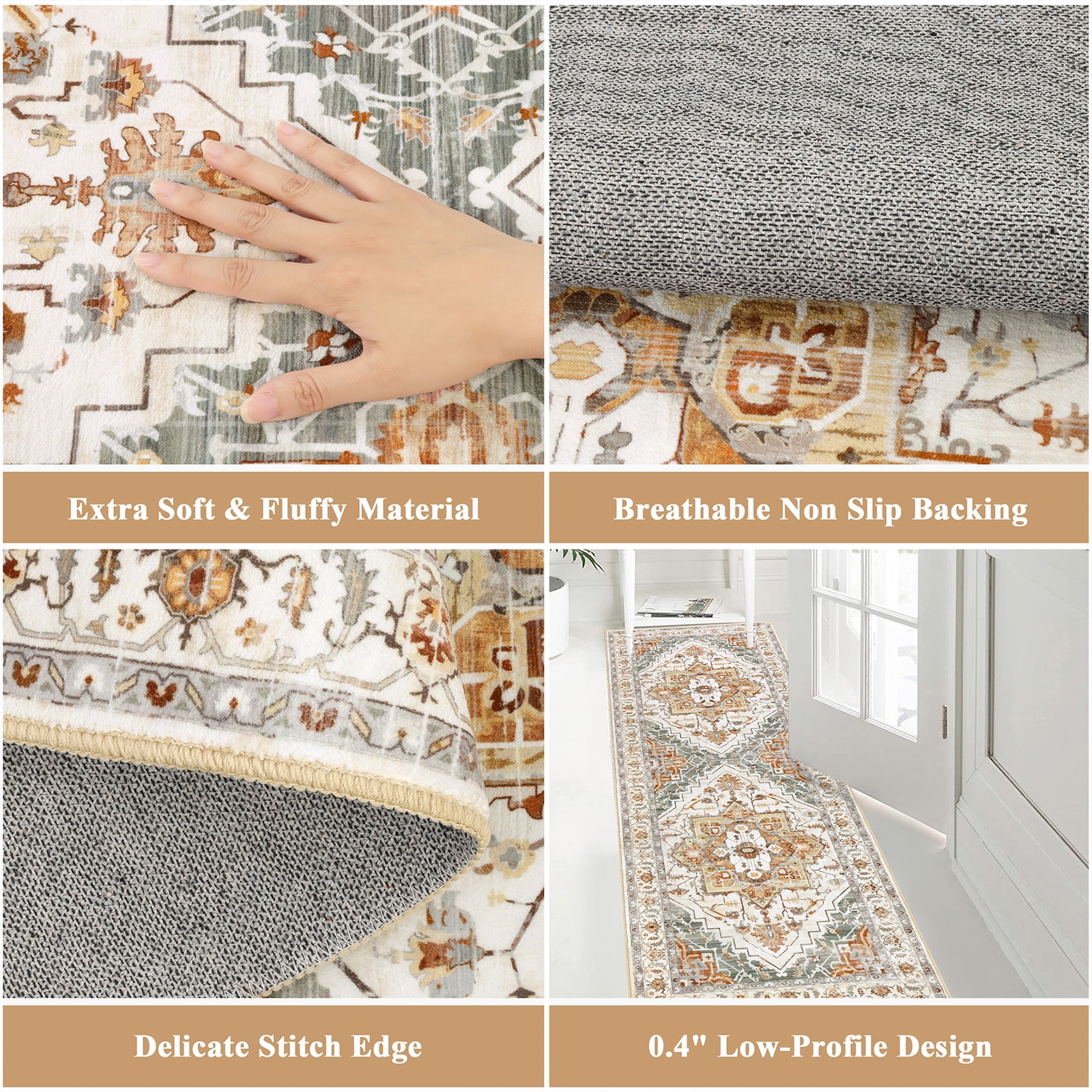 Ileading 2' x 6' Boho Runner Rugs Washable Area Rug Carpet Non Slip Runner Rug for Home Decor Entryway Hallway Bedroom