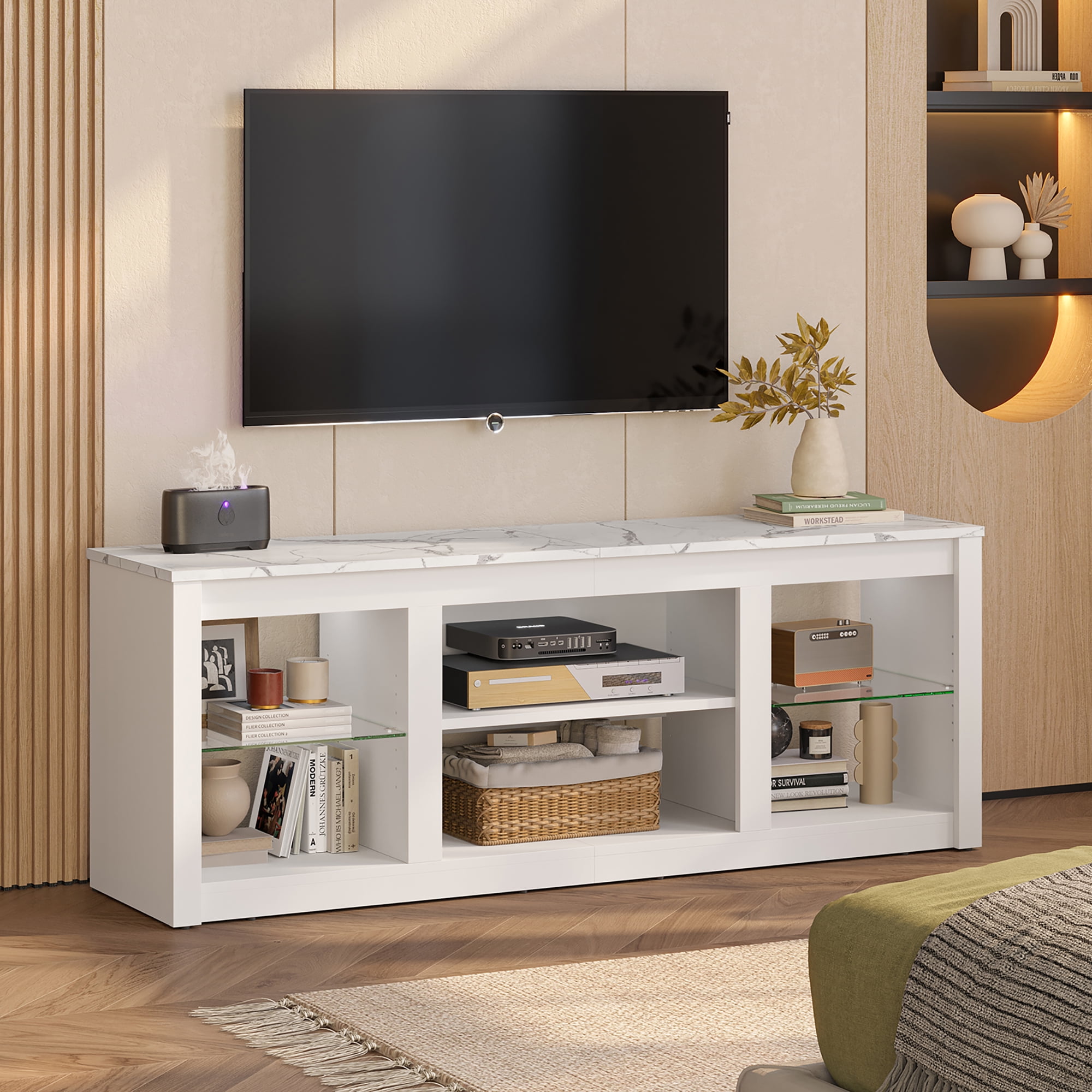 Bestier LED TV Stand for TVs up to 70", Entertainment Center with Storage Shelves, White Marble