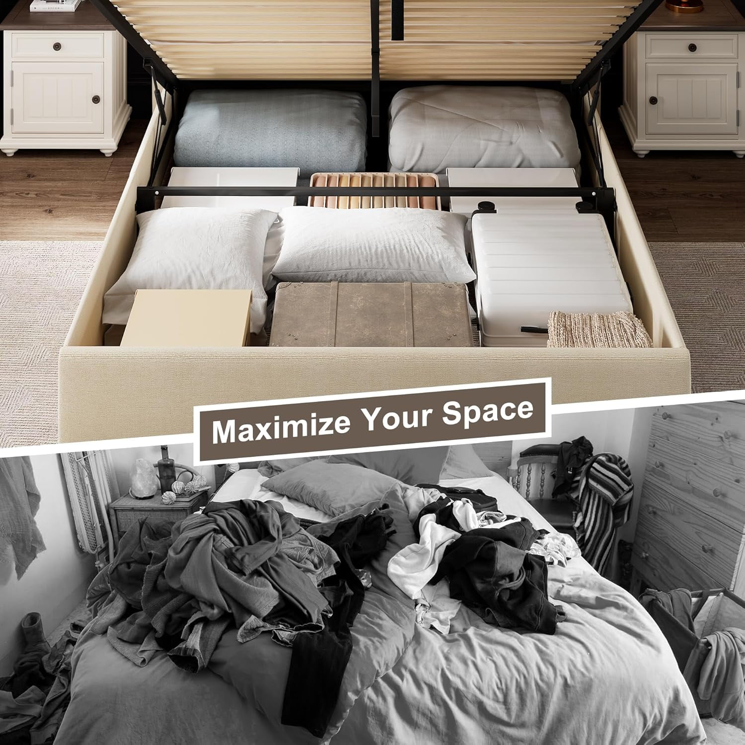 iPormis Full Size Bed Frame with Lift up Storage & Wingback Headboard, Upholstered Linen Bed Frame with Storage, Hydraulic Storage,Beige