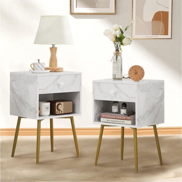 VECELO Set of 2 Nightstand with Drawer, Mid-Century Side End Table/Bedside Table for Bedroom, Living Room, Sofa Couch, White