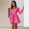 thumbnail image 5 of Baywell Womens 2023 Summer Deep V Neck Elegant Mini Short Swing Skater Dresses Elastic Waist Puff Long Sleeve Swing Flowy Mini Beach Dress Rose Red S-XL, 5 of 10