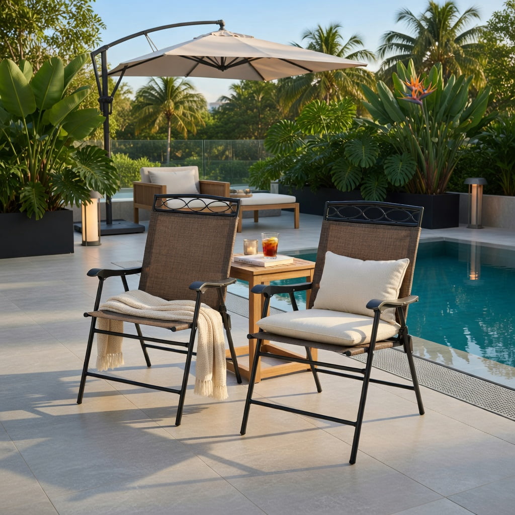 Hommoo 2-Pack Foldable Patio Chairs with Armrests, Lightweight Steel Outdoor Dining Chairs for Pool, Garden, Beach & Camping, Black