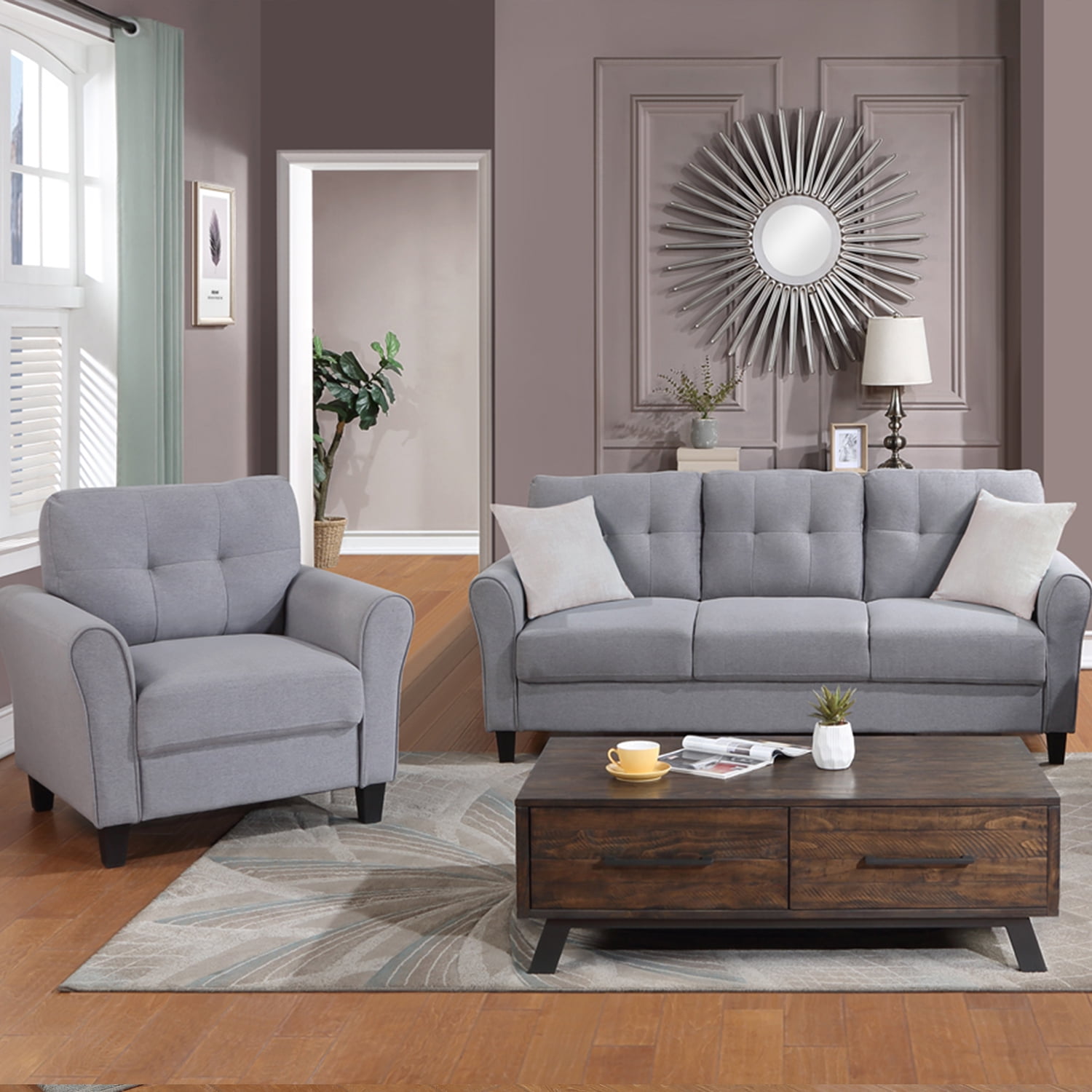 Kadyn Modern Living Room Sofa Set, 2 Piece Linen Sofa Set with 1+3-Seat Sofa, Upholstered Couch Furniture for Living Room, Light Grey-Blue