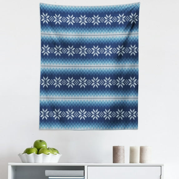 Winter Tapestry, Traditional Scandinavian Needlework Inspired Pattern Jacquard Flakes Knitting Theme, Fabric Wall Hanging Decor for Bedroom Living Room Dorm, 5 Sizes, Blue White, by Ambesonne