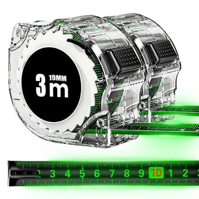 Cinta Métrica Retráctil FlexGlow 2 Pzas 3mx19mm ABS y Acero al Carbono Negro y Verde.