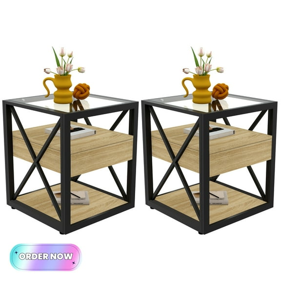 Tcbosik Set of 2 Modern End Tables with Storage, Modern Side Table with Drawer and Shelf, Nightstand with Glass Top for Small Space, Home Office, Easy Assembly, Natural