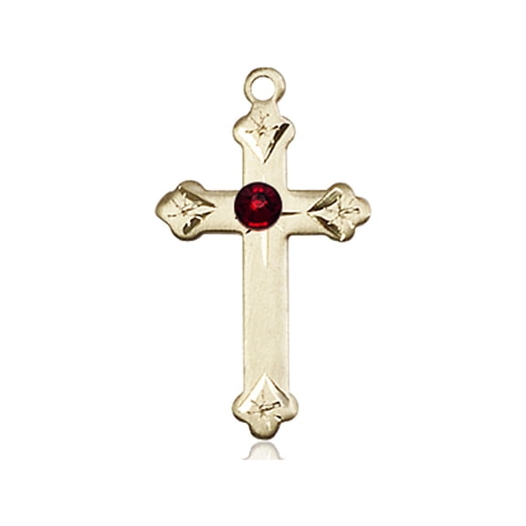 14kt Yellow Gold Cross Medal with 3mm January Red Swarovski Crystal 7/8 x 1/2 inches