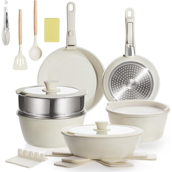 Nonstick Ceramic Cookware Set 21PCS with Detachable Handle, Pans and Pots Set, RV Kitchen Set Cookware Set, with Removable Handles, Oven Safe, Induction Ready, Stackable Non-stick Set