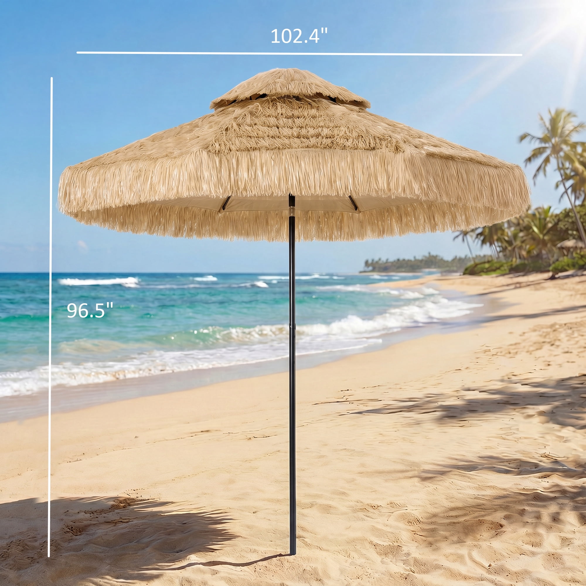 Outsunny 8.5 FT Hula Thatched Tiki Patio Umbrella, 2-Tier Tropical Hawaiian Style Outdoor Umbrella with 8 Ribs, UPF30+, for Garden, Backyard, Khaki