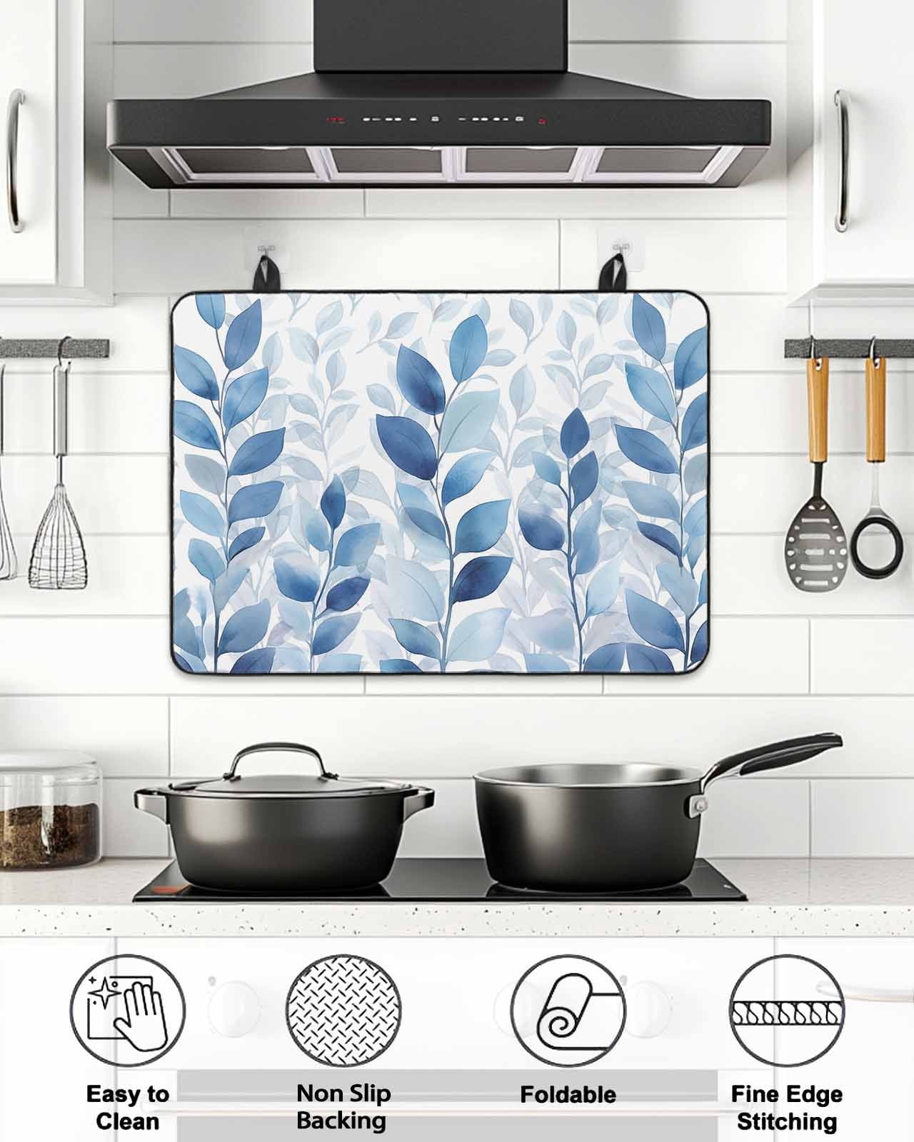 Stove Top Covers for Electric Stove, Blue Leaf Glass Stovetop Cover Protector, Watercolor Country Plant Monochrome Branch Induction Cooktop Protector Oven Mat for Kitchen Countertop 24"x21"