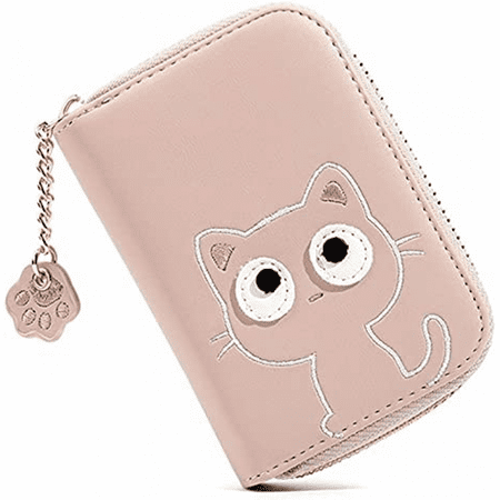 

Cute Little Cat Pattern Card Holder- Accordian Zipper Card Case Cash Pockets Coin Purse Zip Around Wallet with Paw Pendant (PINK Accordian)