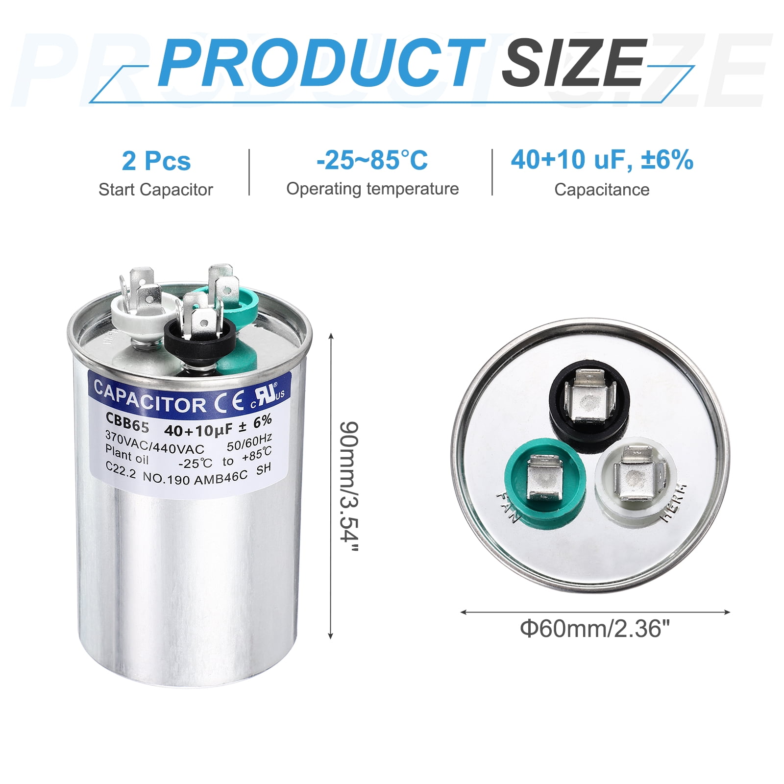 Uxcell 2Pcs 40+10 MFD CBB65 Run Start Capacitor 40+10 uF, 370/440V Round AC Capacitor for AC Motor Run, HVAC, Air Conditioner, Condenser Motors