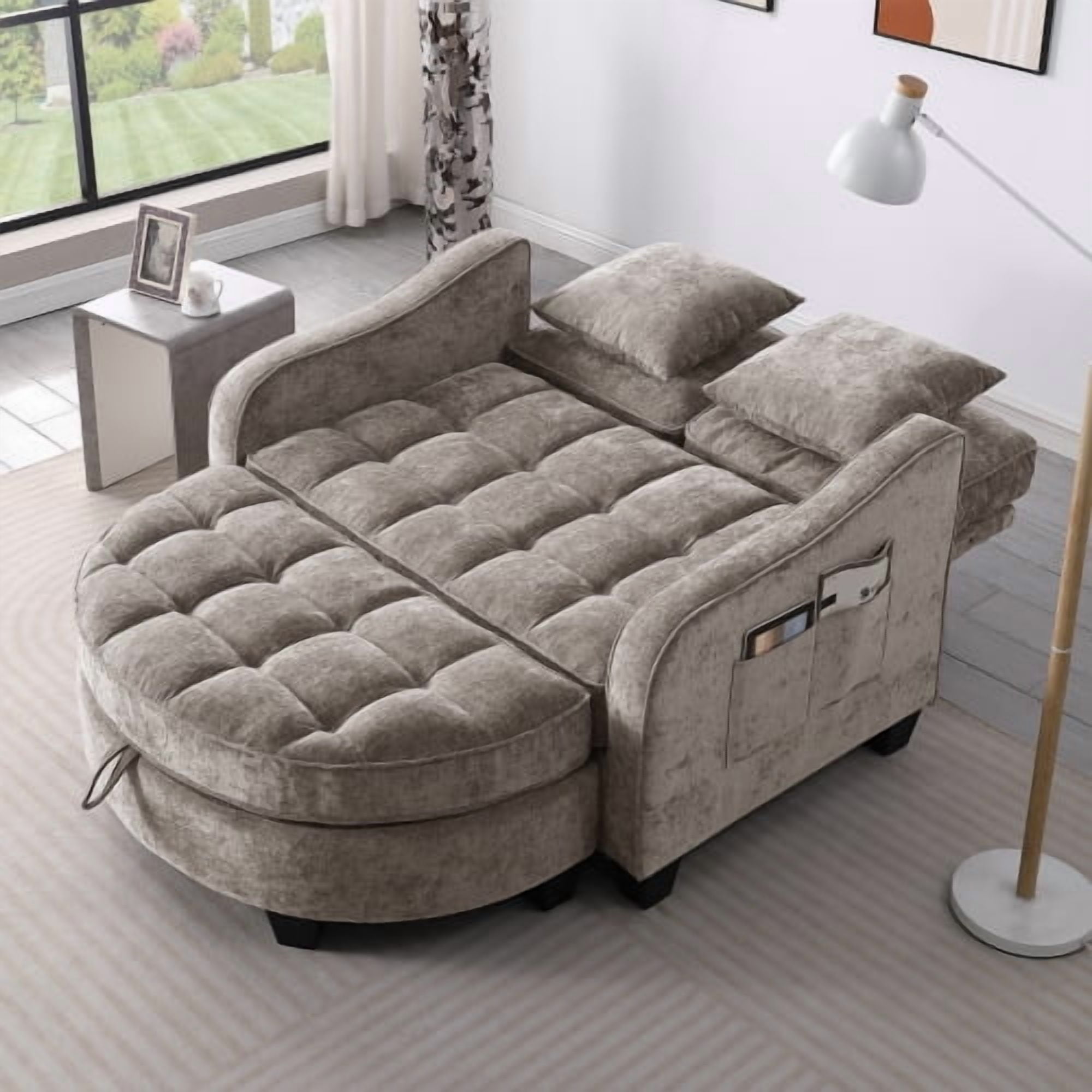 2-Seater Sofa Modern Chaise Lounge with Storage Footrest, Irregular Curved Armrests, Plush Checkered Cushions, 2 Throw Pillows, Brown