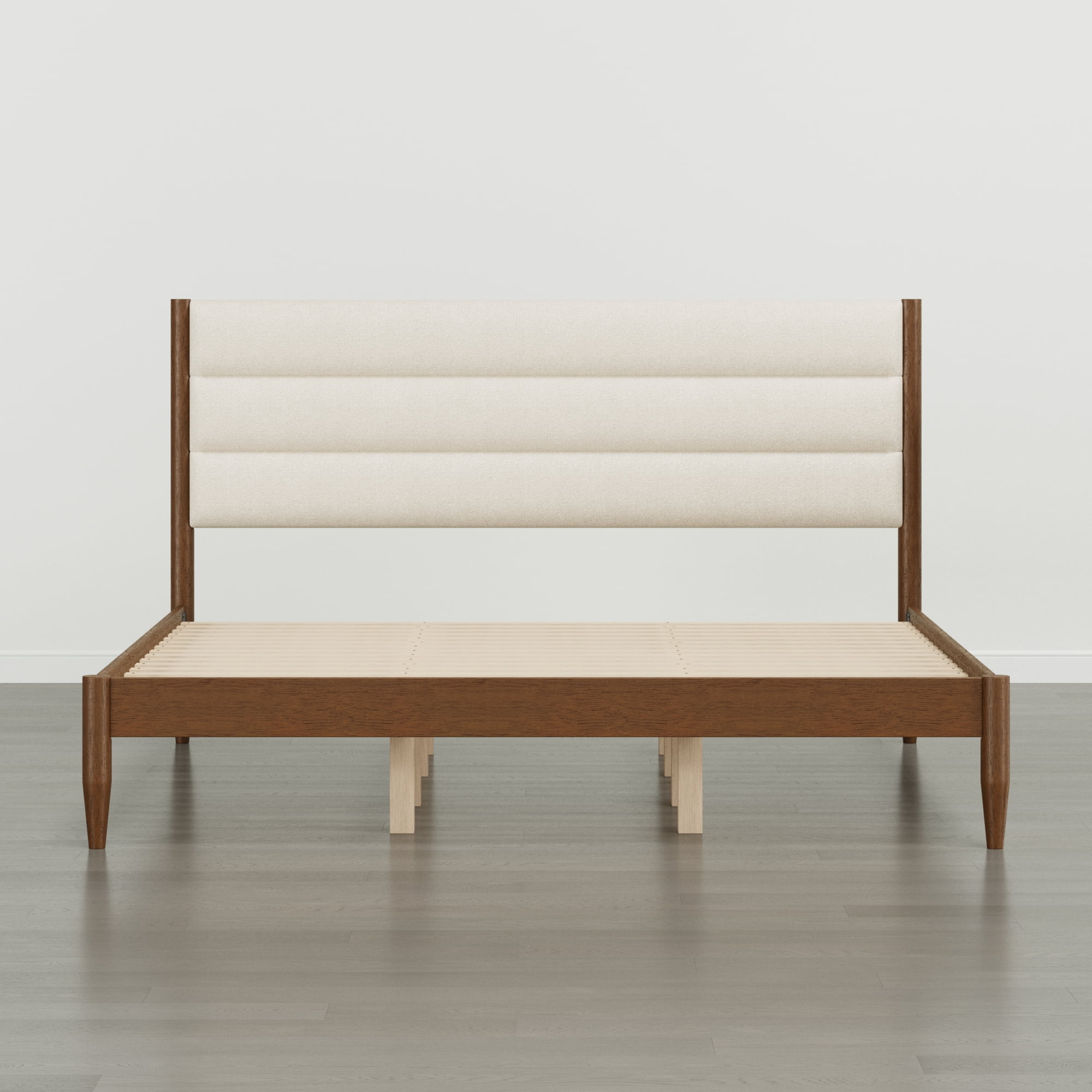Spruce & Spring Farmhouse King Upholstered Bed Frame, Solid Rubberwood Frame, Cream Boucle Headboard, Noise-Free, No Box Spring Required, Walnut & Cream