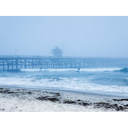 Pier Sans San Clemente Pier with Surfers on a Foggy Day, California, United States of America, North America Print Wall Art By Mark Chivers ()