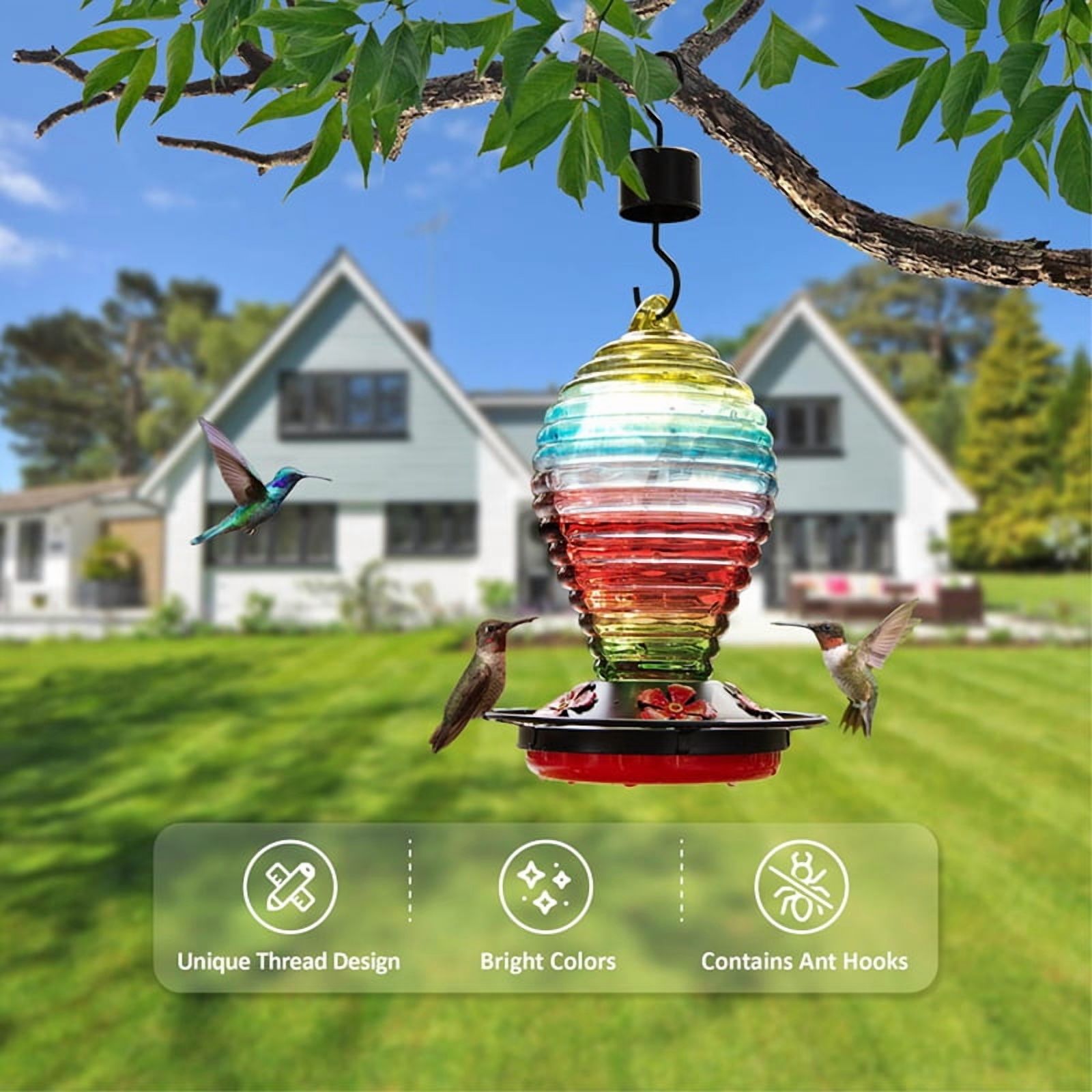 Glass Hummingbird Feeder, Rainbow Hummingbird Feeders for Outdoors Hanging, 29 Ounces, Cute Spiral Shape Bottle