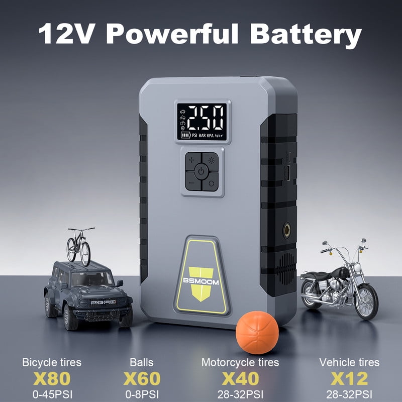 BSMOOM Car Jump Starter with Air Compressor, 12V 6000A Peak Portable Car Battery Jump Starter Jump Box, 150PSI Car Air Pump Tire Inflator Battery Charger with LED Light, LCD Display, Gray